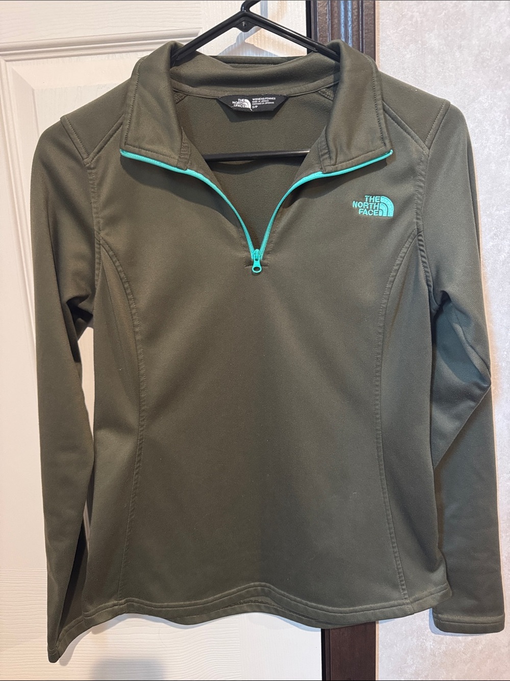 The North Face Olive Green Quarter-Zip Pullover with Teal Trim